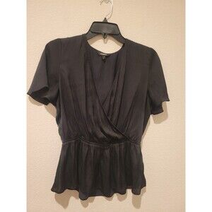 Express Women Lightweight Short Sleeve Top Blouse Black Faux Wrap Y2K MEDIUM